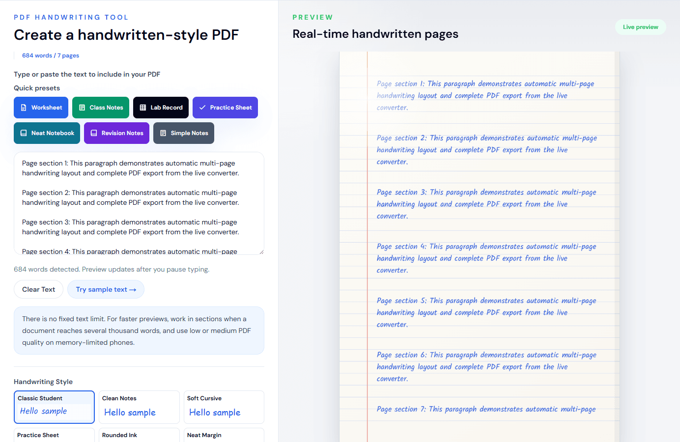 Multi-page PDF workflow created with the HandwritingTool converter