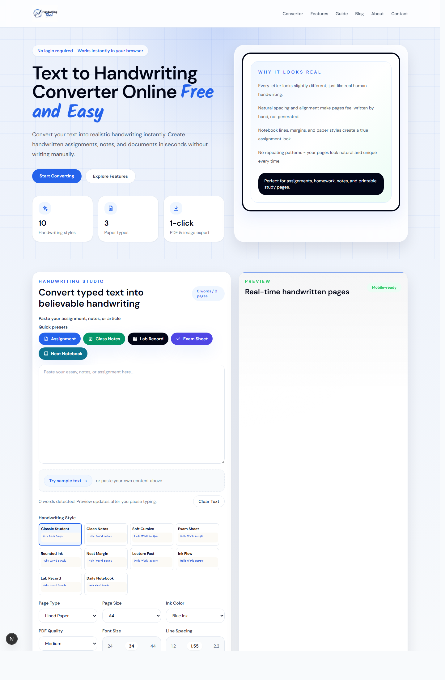 HandwritingTool editor with handwriting style and page controls