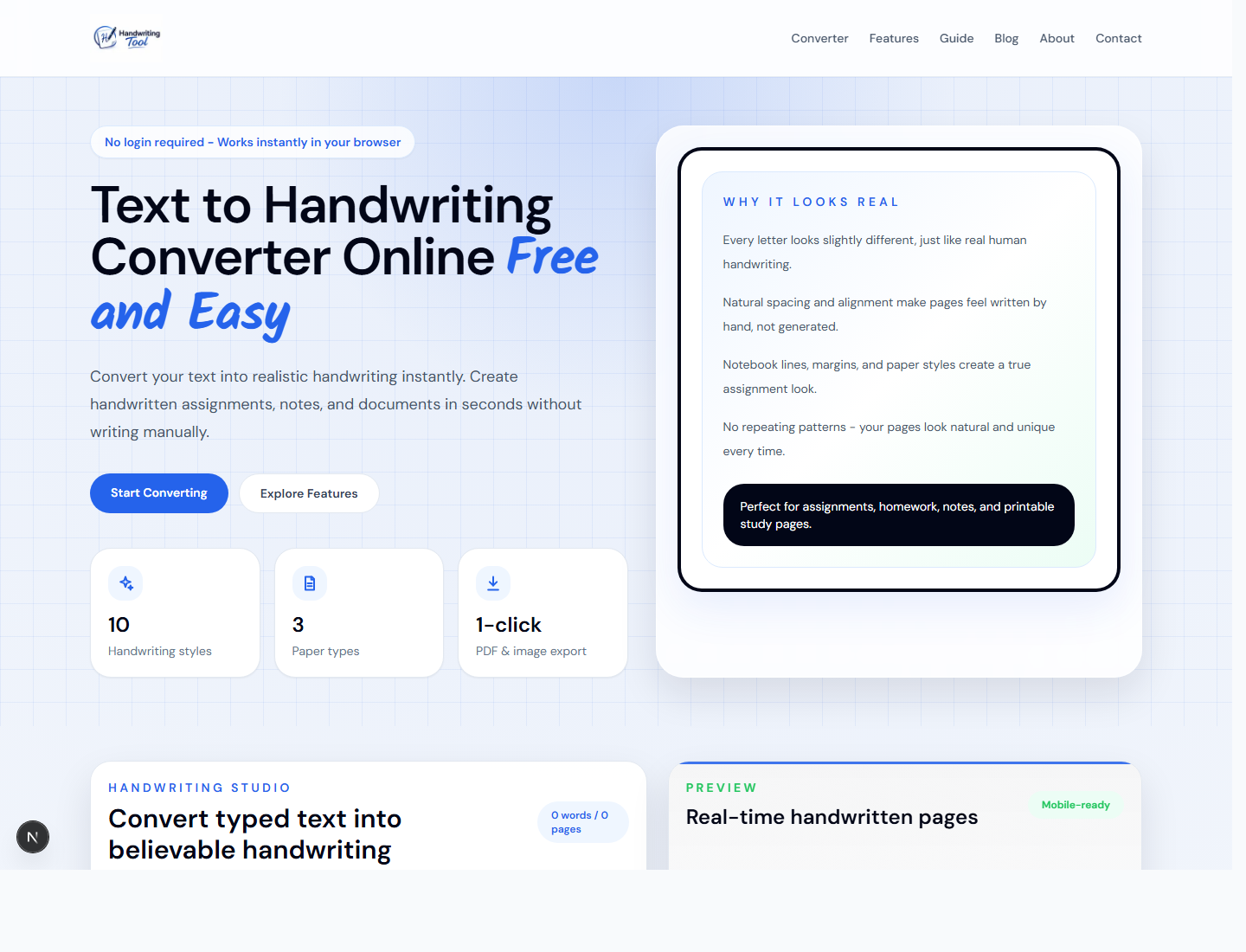 HandwritingTool text to handwriting converter homepage